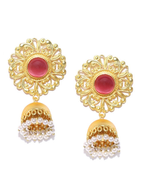 

Infuzze Pink Gold-Plated Stone-Studded Handcrafted Dome Shaped Jhumkas