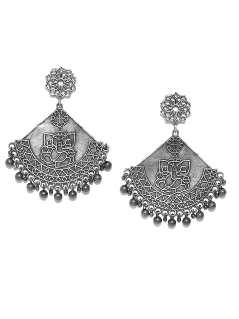 

Infuzze Oxidised Silver-Plated Lord Ganesha Textured Geometric Drop Earrings