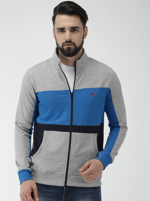 

Park Avenue Men Grey Melange & Blue Slim Fit Colourblocked Sweatshirt