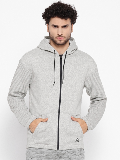 

Reebok Men Grey Melange Workout Ready Fleece Full-Zip Hooded Sweatshirt