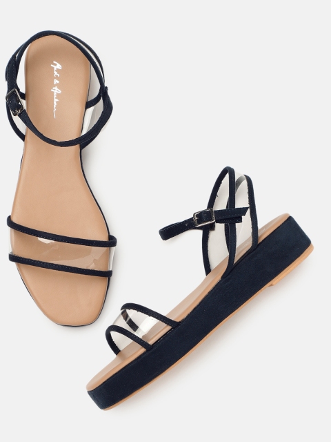 Women Navy Blue & Transparent Colourblocked Sandals