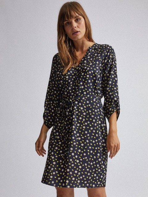 

DOROTHY PERKINS Women Navy Blue & Yellow Floral Print A-Line Dress