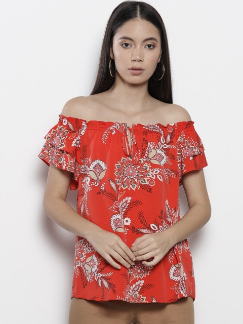 

DOROTHY PERKINS Women Red & White Floral Print Bardot Top