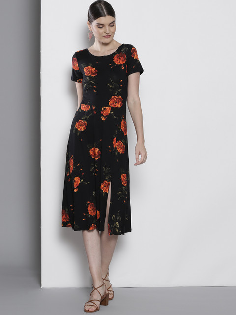 

DOROTHY PERKINS Women Black & Orange Floral Print A-Line Dress