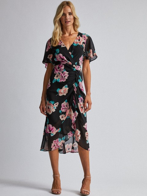 

DOROTHY PERKINS Women Black & Pink Printed Wrap Dress