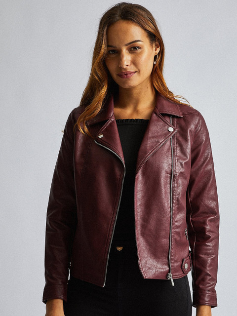 

DOROTHY PERKINS Women Burgundy Solid Biker Jacket