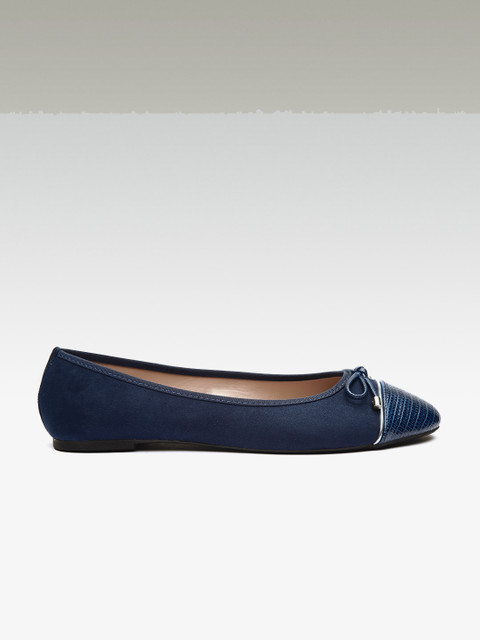 

DOROTHY PERKINS Women Navy Blue Textured Wide Fit Ballerinas with Bow Detail