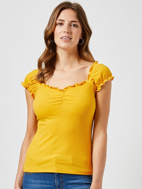 

DOROTHY PERKINS Women Mustard Yellow Ribbed Fitted Top