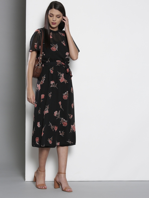

DOROTHY PERKINS Women Black & Rust Orange Floral Print A-Line Dress