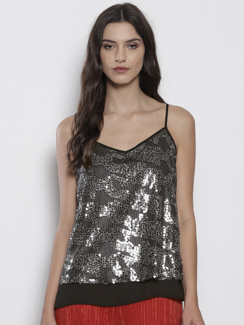 

DOROTHY PERKINS Women Silver & Black Sequinned Top