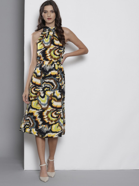 

DOROTHY PERKINS Women Mustard Yellow & Black Printed A-Line Dress