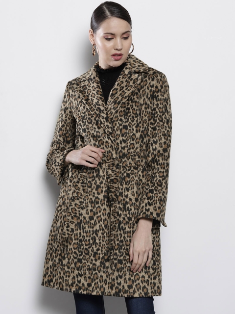 

DOROTHY PERKINS Women Beige & Black Animal Print Single-Breasted Longline Coat