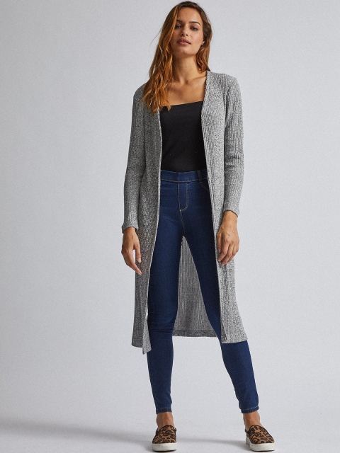 

DOROTHY PERKINS Women Grey Melange Ribbed Front-Open Longline Sweater