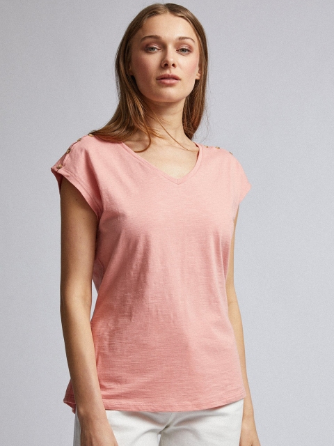 

DOROTHY PERKINS Women Peach-Coloured Solid V-Neck T-shirt
