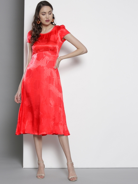 

DOROTHY PERKINS Women Coral Red Self Design Satin-Finish A-Line Dress