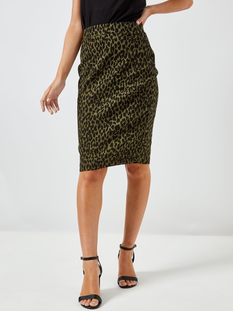 

DOROTHY PERKINS Women Petite Olive Green & Black Animal Print Pencil Skirt