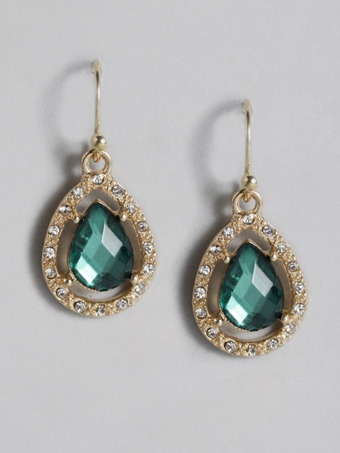 

Accessorize Teal Green & Gold-Toned Stone-Studded Teardrop Shaped Drop Earrings