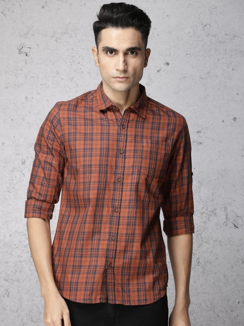 

Ecko Unltd Men Rust Brown & Navy Blue Slim Fit Checked Casual Shirt