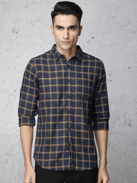 

Ecko Unltd Men Navy Blue & Yellow Slim Fit Checked Casual Shirt