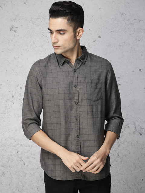 

Ecko Unltd Men Charcoal Grey & Black Slim Fit Checked Casual Shirt