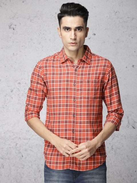 

Ecko Unltd Men Rust Orange & Navy Blue Slim Fit Checked Casual Shirt