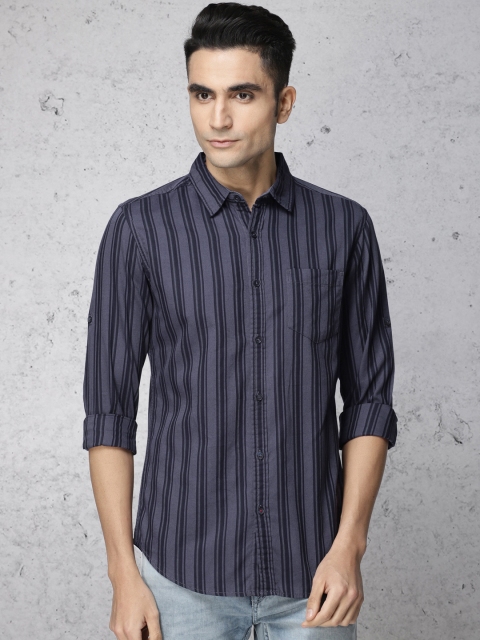 

Ecko Unltd Men Navy Blue Regular Fit Striped Casual Shirt