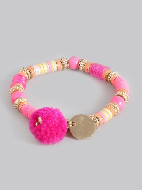 

Accessorize Green & Gold-Toned Beaded Charm Bracelet with Pom Pom Detail