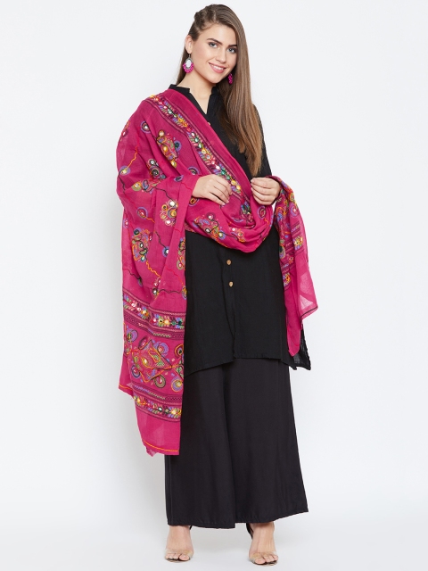 

Vastraa Fusion Pink & Green Kutch-Work Printed Pure Cotton Dupatta