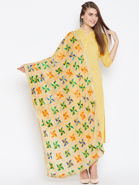 

Vastraa Fusion Cream-Coloured & Yellow Phulkari Hand-Embroidered Dupatta
