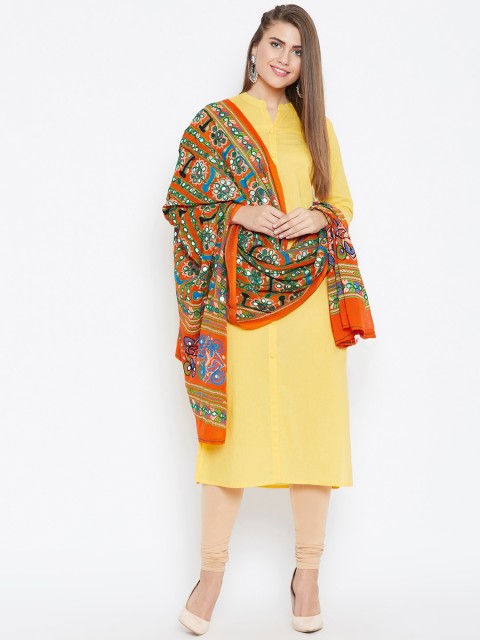 

Vastraa Fusion Orange & Green Embroidered Phulkari Pure Cotton Dupatta