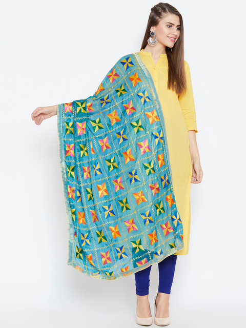 

Vastraa Fusion Blue Hand Embroidered Phulkari Dupatta