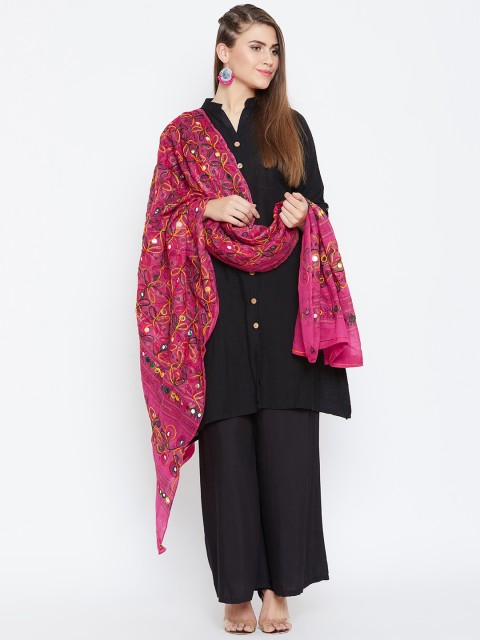

Vastraa Fusion Pink & Yellow Kutch-Work Embroidered Pure Cotton Dupatta