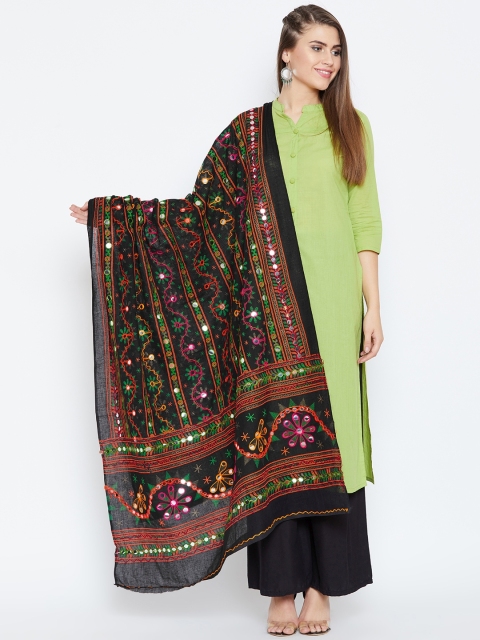 

Vastraa Fusion Black & Orange Kutch-Work Embroidered Pure Cotton Dupatta