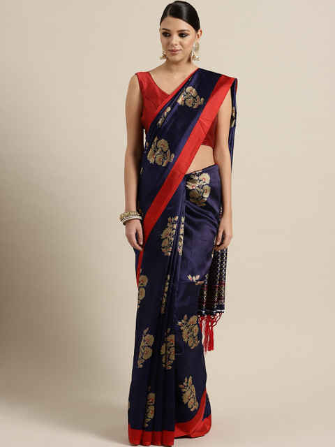 

Rajesh Silk Mills Navy Blue & Beige Printed Saree