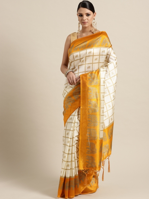 

Rajesh Silk Mills Off-White & Mustard Yellow Checked Saree