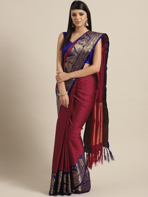 

Rajesh Silk Mills Burgundy & Navy Blue Solid Saree