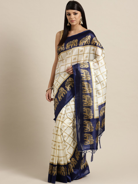 

Rajesh Silk Mills Off-White & Golden Checked Saree
