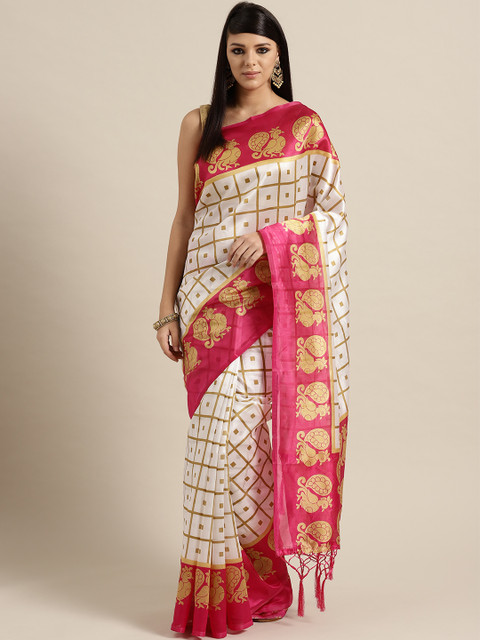 

Rajesh Silk Mills Off-White & Pink Checked Saree