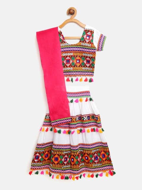 

BownBee Girls White & Red Embroidered Ready to Wear Lehenga & Blouse with Dupatta