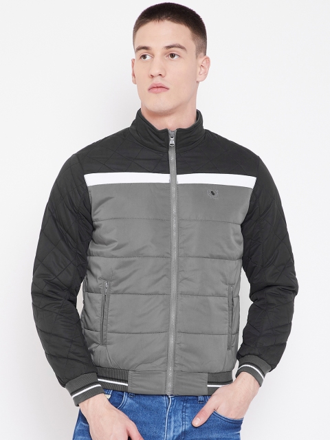 

Duke Men Grey & Black Colourblocked Insulator Varsity Jacket