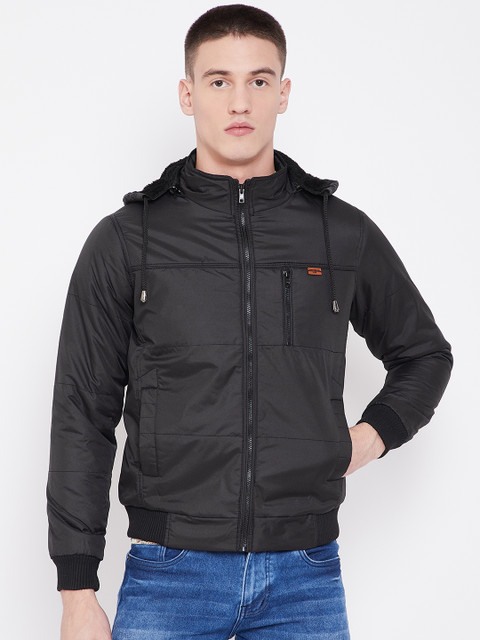 

Duke Men Black Solid Hooded Bomber Jacket
