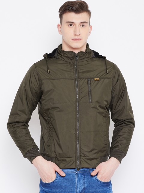 

Duke Men Olive Green Solid Hooded Bomber Jacket