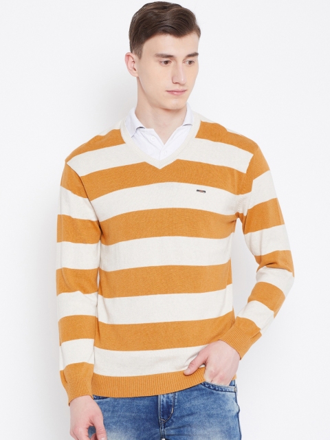 

Duke Men Mustard Yellow & Off-White Striped Sweater