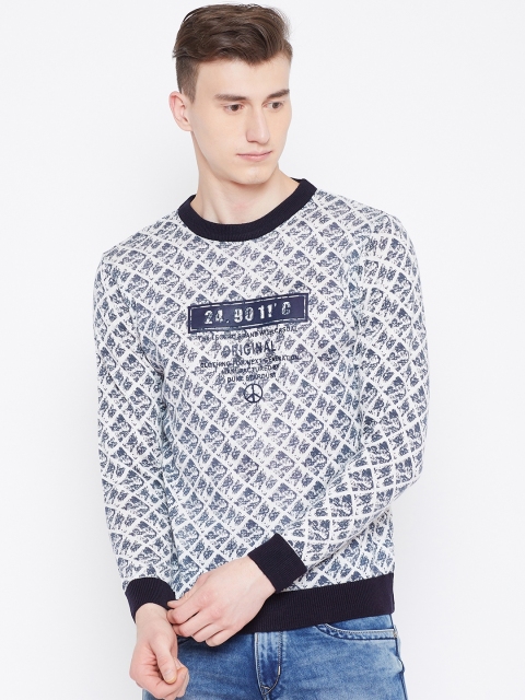 

Duke Men Off-White & Navy Blue Self-Design Sweater