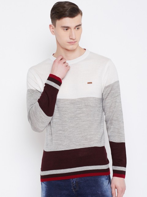 

Duke Men Off-White & Grey Melange Colourblocked Sweater