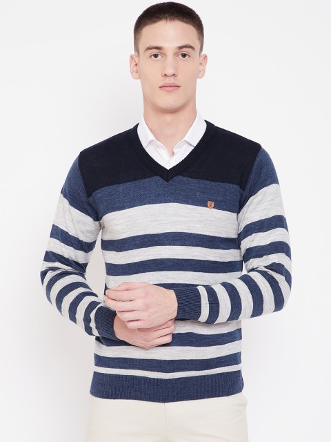 

Duke Men Navy Blue & Grey Melange Striped Sweater