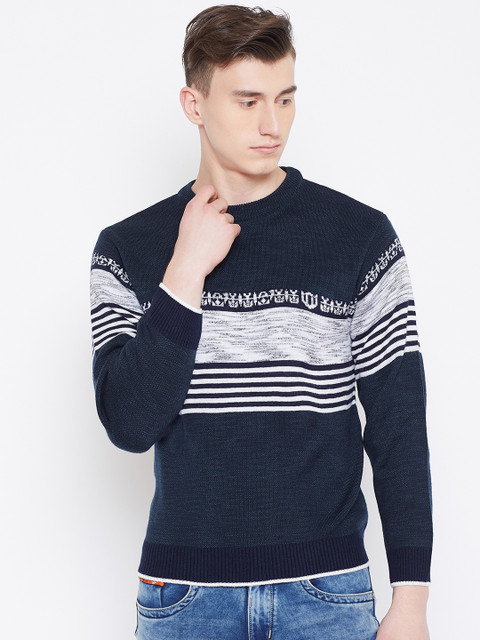 

Duke Stardust Men Navy Blue & Grey Striped Sweater