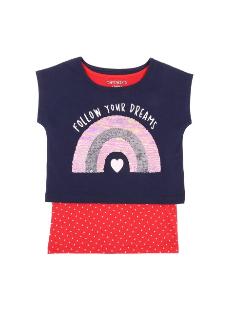 

Pantaloons Junior Girls Navy Blue & Red Printed Pure Cotton Top