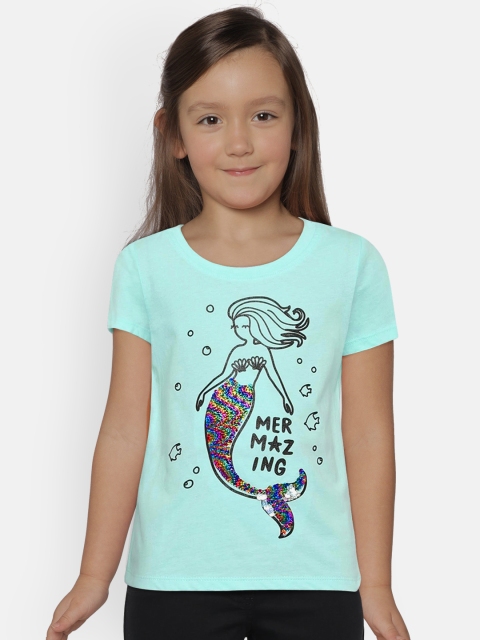 

OSHKOSH Bgosh Girls Turquoise Blue Printed Round Neck T-shirt with Flippy Sequins