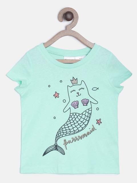 

OSHKOSH Bgosh Girls Turquoise Blue Printed Round Neck T-shirt